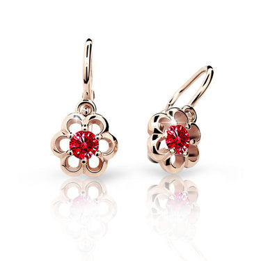 Dětské náušnice Danfil kytičky C1947 z růžového zlata s kamínkem Ruby Dark, zapínání brizura
