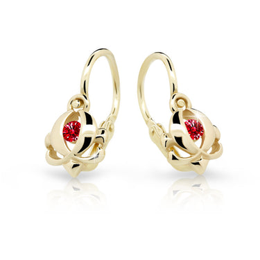Dětské náušnice Danfil C2218 ze žlutého zlata s kamínkem Ruby Dark, zapínání brizura