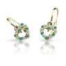 Dětské náušnice Danfil srdíčka C2157 ze žlutého zlata s kamínky Emerald Green, zapínání brizura