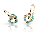 Dětské náušnice Danfil srdíčka C2157 ze žlutého zlata s kamínky Emerald Green, zapínání brizura