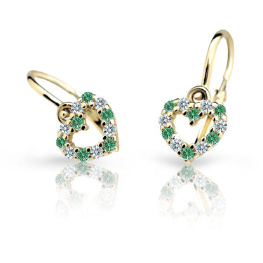 Dětské náušnice Danfil srdíčka C2157 ze žlutého zlata s kamínky Emerald Green, zapínání brizura