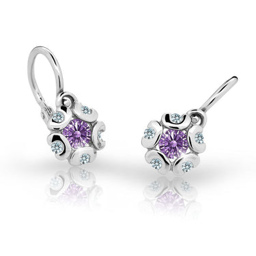 Dětské náušnice Danfil kytičky C2178 z bílého zlata s kamínkem Amethyst, zapínání brizura