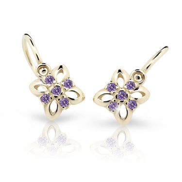 Dětské náušnice Danfil kytičky C2215 ze žlutého zlata s kamínky Amethyst, zapínání brizura