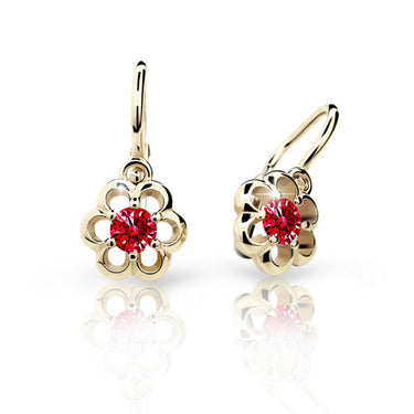 Dětské náušnice Danfil kytičky C1947 ze žlutého zlata s kamínkem Ruby Dark, zapínání brizura