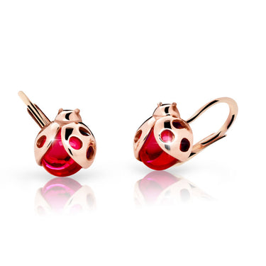 Dětské náušnice Danfil berušky C2008 z růžového zlata s kamínkem Ruby Dark, zapínání klapka