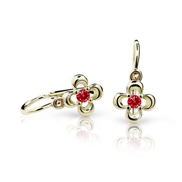 Dětské náušnice Danfil kytičky C2013 ze žlutého zlata s kamínkem Ruby Dark, zapínání brizura