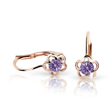 Dětské náušnice Danfil kytičky C1945 z růžového zlata s kamínkem Amethyst, zapínání klapka