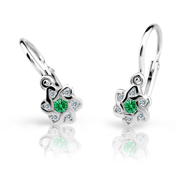Dětské náušnice Danfil kytičky C2149 z bílého zlata s kamínkem Emerald Green, zapínání brizura