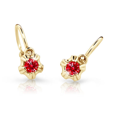 Dětské náušnice Danfil C2158 ze žlutého zlata s kamínkem Ruby Dark, zapínání brizura
