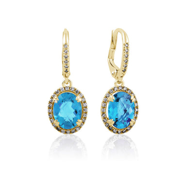 Dámské visací náušnice DF 3367 ze žlutého zlata, Topaz Swiss Blue a diamanty
