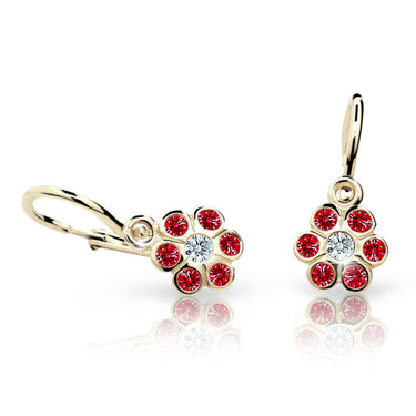 Dětské náušnice Danfil kytičky C1737 ze žlutého zlata s kamínky Ruby Dark, zapínání brizura