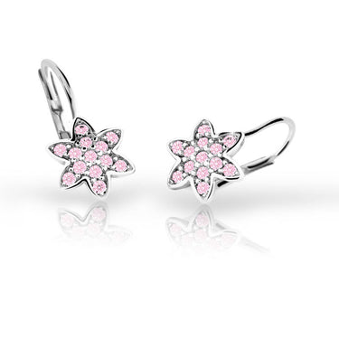 Dětské náušnice Danfil kytičky C2206 z bílého zlata s kamínky Pink, zapínání klapka