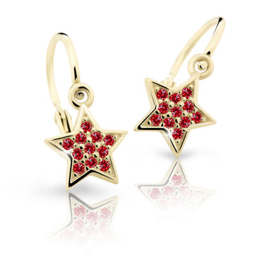 Dětské náušnice Danfil hvězdičky C2228 ze žlutého zlata s kamínky Ruby Dark, zapínání brizura