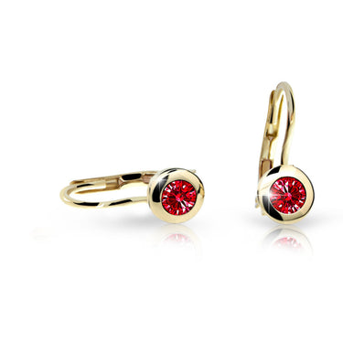 Dětské náušnice Danfil C1537 ze žlutého zlata s kamínkem Ruby Dark, zapínání klapka