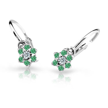 Dětské náušnice Danfil kytičky C2152 z bílého zlata s kamínky Emerald Green, zapínání brizura