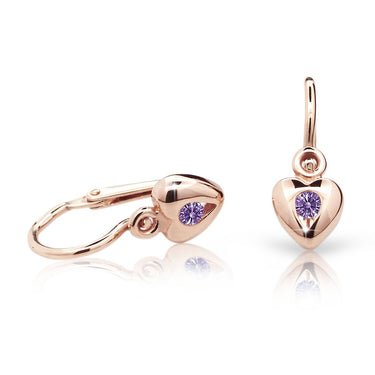 Dětské náušnice Danfil srdíčka C1556 z růžového zlata s kamínkem Amethyst, zapínání brizura