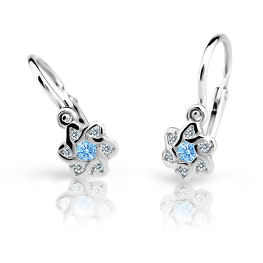 Dětské náušnice Danfil kytičky C2149 z bílého zlata s kamínkem Arctic Blue, zapínání brizura