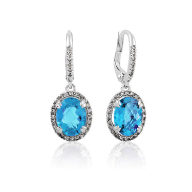 Dámské visací náušnice DF 3367 z bílého zlata, Topaz Swiss Blue a diamanty