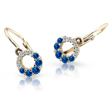Dětské náušnice Danfil C2154 ze žlutého zlata s kamínky Dark Blue, zapínání brizura