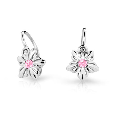 Dětské náušnice Danfil kytičky C2238 z bílého zlata s kamínkem Pink, zapínání brizura