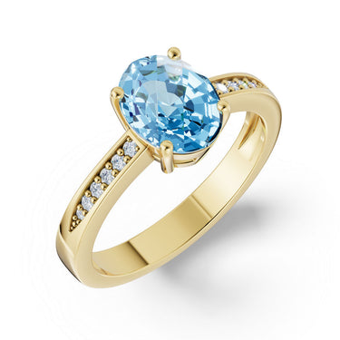 Zlatý dámský prsten DF 3384 ze žlutého zlata, s topazem Swiss Blue a diamanty