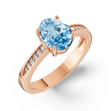 Zlatý dámský prsten DF 3384 z růžového zlata, s topazem Swiss Blue a diamanty
