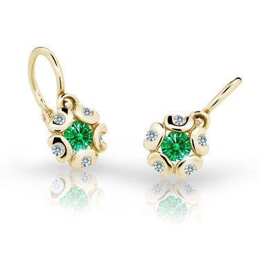 Dětské náušnice Danfil kytičky C2178 ze žlutého zlata s kamínkem Emerald Green, zapínání brizura