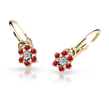 Dětské náušnice Danfil kytičky C2152 ze žlutého zlata s kamínky Ruby Dark, zapínání brizura