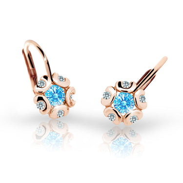 Dětské náušnice Danfil kytičky C2178 z růžového zlata s kamínkem Arctic Blue, zapínání klapka