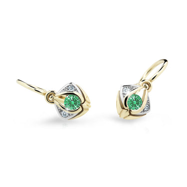 Dětské náušnice Danfil C2217 ze žlutého zlata s kamínkem Emerald Green, zapínání brizura