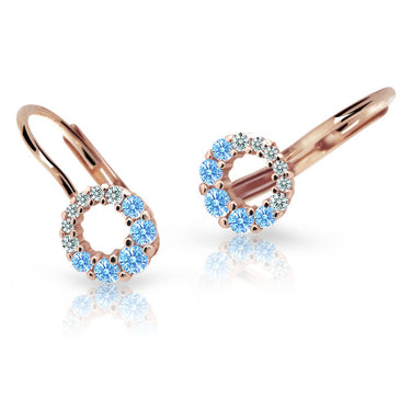 Dětské náušnice Danfil C2154 z růžového zlata s kamínky Arctic Blue, zapínání klapka