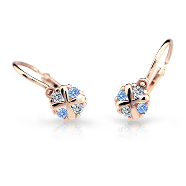 Dětské náušnice Danfil C2153 z růžového zlata s kamínky Arctic Blue, zapínání brizura