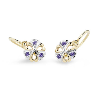 Dětské náušnice Danfil kytičky C2230 ze žlutého zlata s kamínky Amethyst, zapínání brizura