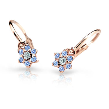 Dětské náušnice Danfil kytičky C2152 z růžového zlata s kamínky Arctic Blue, zapínání brizura