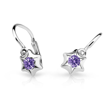 Dětské náušnice Danfil hvězdičky C2159 z bílého zlata s kamínkem Amethyst, zapínání brizura