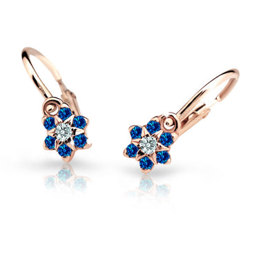 Dětské náušnice Danfil kytičky C2152 z růžového zlata s kamínky Dark Blue, zapínání brizura
