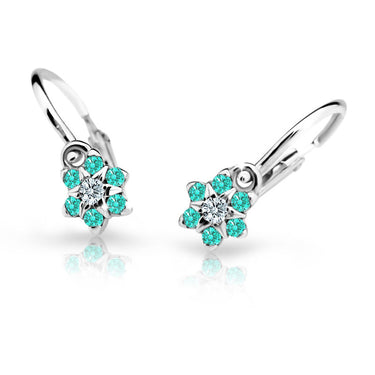 Dětské náušnice Danfil kytičky C2152 z bílého zlata s kamínky Mint Green, zapínání brizura