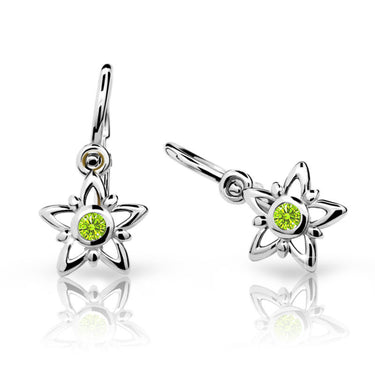 Dětské náušnice Danfil hvězdičky C1996 z bílého zlata s kamínkem Peridot Green, zapínání brizura