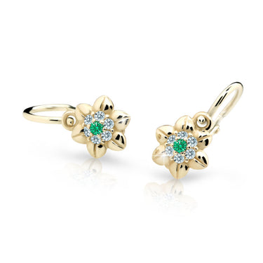 Dětské náušnice Danfil kytičky C2202 ze žlutého zlata s kamínkem Emerald Green, zapínání brizura