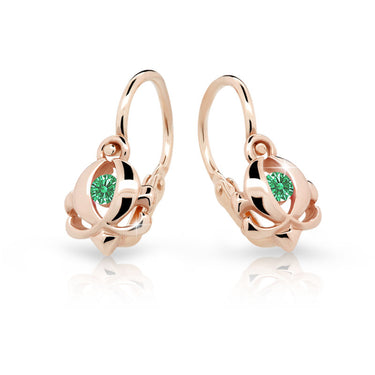 Dětské náušnice Danfil C2218 z růžového zlata s kamínkem Emerald Green, zapínání brizura