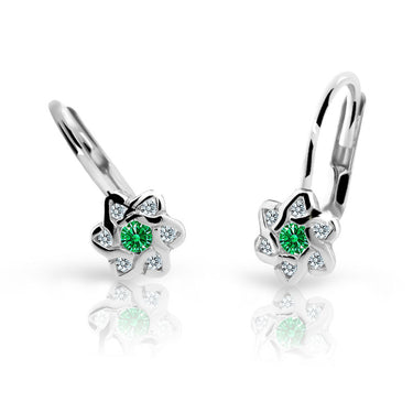 Dětské náušnice Danfil kytičky C2149 z bílého zlata s kamínkem Emerald Green, zapínání klapka