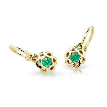 Dětské náušnice Danfil kytičky C2179 ze žlutého zlata s kamínkem Emerald Green, zapínání brizura
