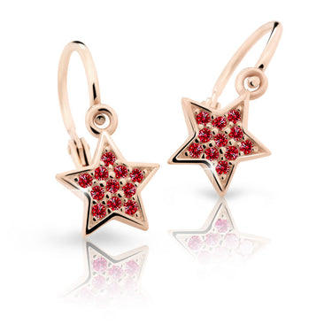 Dětské náušnice Danfil hvězdičky C2228 z růžového zlata s kamínky Ruby Dark, zapínání brizura