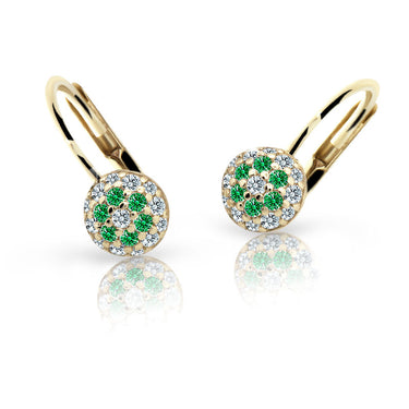 Dětské náušnice Danfil C2150 ze žlutého zlata s kamínky Emerald Green, zapínání klapka