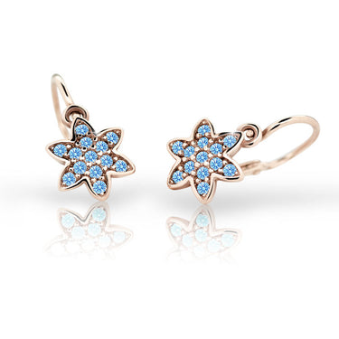 Dětské náušnice Danfil kytičky C2206 z růžového zlata s kamínky Arctic Blue, zapínání brizura