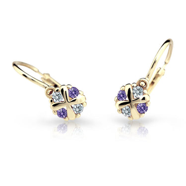 Dětské náušnice Danfil C2153 ze žlutého zlata s kamínky Amethyst, zapínání brizura