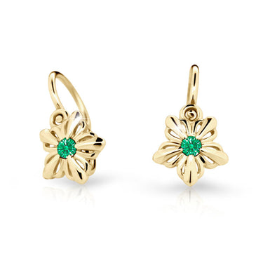 Dětské náušnice Danfil kytičky C2238 ze žlutého zlata s kamínkem Emerald Green, zapínání brizura