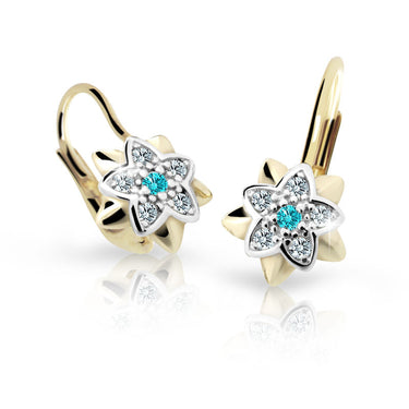 Dětské náušnice Danfil kytičky C2210 ze žlutého zlata s kamínkem Mint Green, zapínání klapka