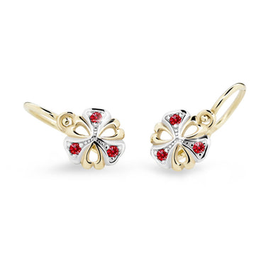 Dětské náušnice Danfil kytičky C2230 ze žlutého zlata s kamínky Ruby Dark, zapínání brizura