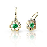 Dětské náušnice Danfil kytičky C1947 ze žlutého zlata s kamínkem Emerald Green, zapínání brizura